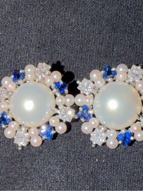 Paul Morelli Pearl, Blue and Clear Crystal Cluster Earrings